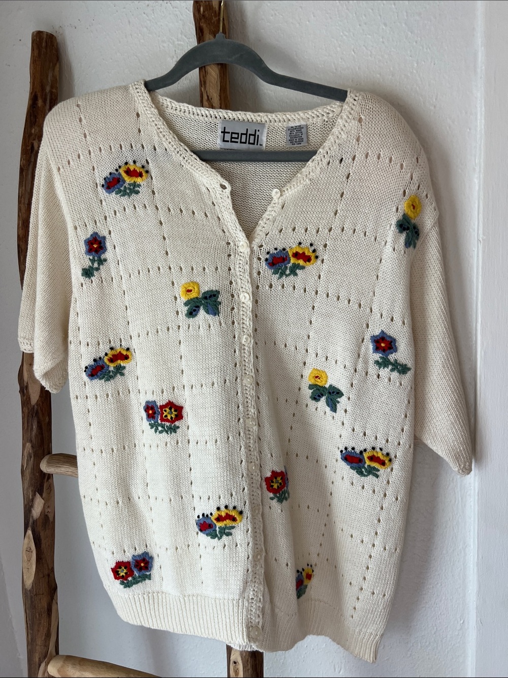 Teddi Cream Open Weave Knit Short Sleeve Cardigan Multicolor Floral Embroidery L